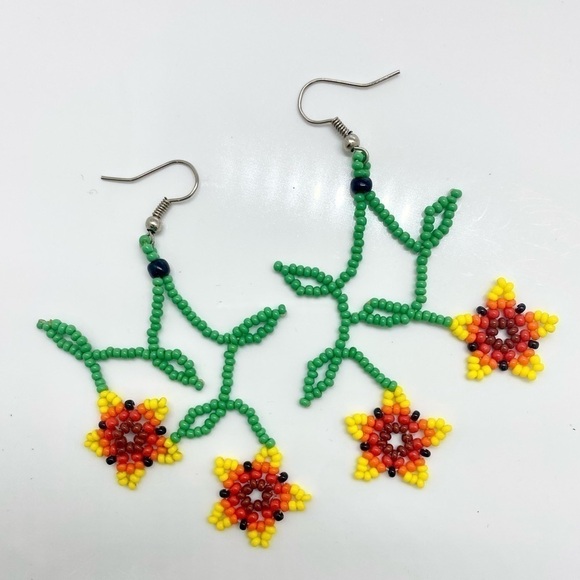 Jewelry - Mexican Artisan Handmade by Huicholes Beaded Floral Dangly Earrings